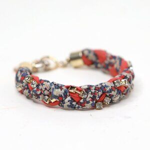 Vintage J Crew x Liberty Fabrics Braided Bracelet Rhinestones Red Blue Floral